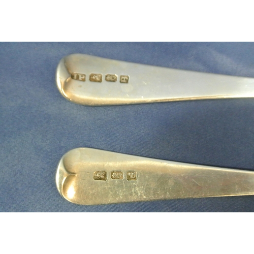 188 - Pair of George III Irish silver tablespoons with Old Irish pattern handles, by John Power, Dublin 18... 