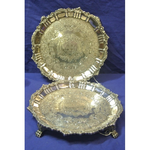 200 - Pair of heavy Irish silver trays with scroll and foliate raised rims, foliate and scroll decoration ... 