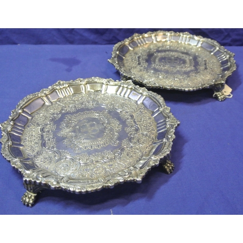 200 - Pair of heavy Irish silver trays with scroll and foliate raised rims, foliate and scroll decoration ... 