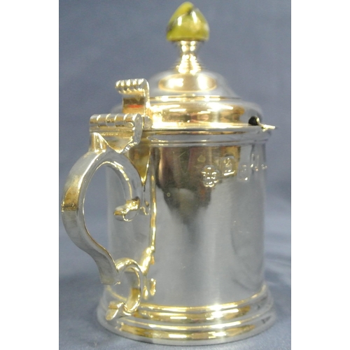 216 - 3 piece Irish silver round condiment pot set with shaped lids and thumbpieces, marble egg finials, s... 