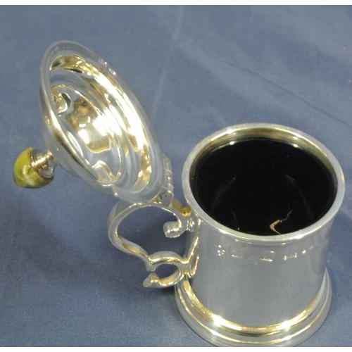 216 - 3 piece Irish silver round condiment pot set with shaped lids and thumbpieces, marble egg finials, s... 