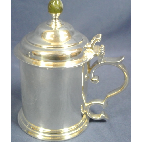 216 - 3 piece Irish silver round condiment pot set with shaped lids and thumbpieces, marble egg finials, s... 