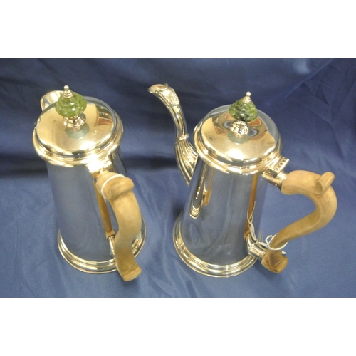 236 - Irish Silver teapot and hot water pot of round tapering form, lids with marble finials, shaped spout... 