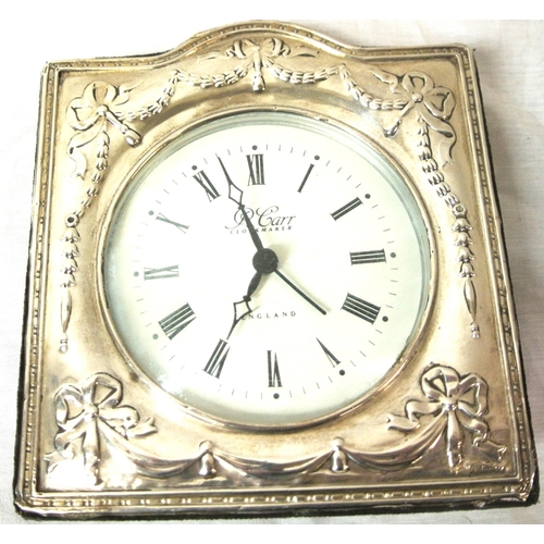 57 - Sheffield framed desk clock decorated with ribbons and swags, by R Carr   H 15.5 cm x14cm  W 282 g t... 