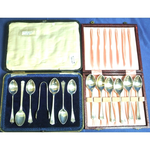 59 - Set of 6 Sheffield silver teaspoons in presentation case, dated 1918, and 7 plated cased spoons