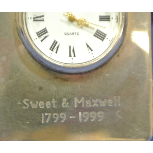 71 - Small London silver framed bedside clock by Asprey & Garrard, inscribed 'Sweet & Maxwell, 1799-1999'... 