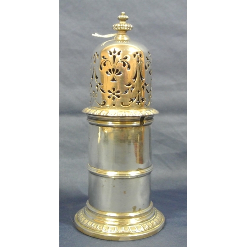 109 - Sheffield silver sugar caster with shaped finial, pierced top, on round stepped base, H16cm, 245g