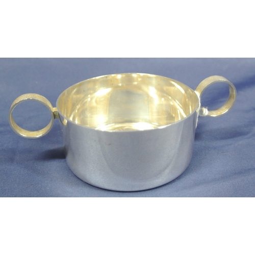 212 - Irish silver round porringer with round handles, makers mark 'DMH' bearing Gleninsheen Collar commem... 