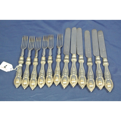 7 - Set of 12 silverplated knives and forks with foliate decorated handles