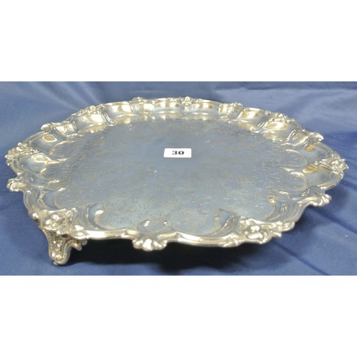 30 - Large silver plated serving tray scroll foliate border, on 3 cast feet