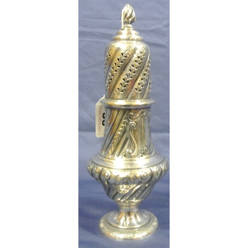 32 - Silver plated sugar caster with pierced domed top, on round base