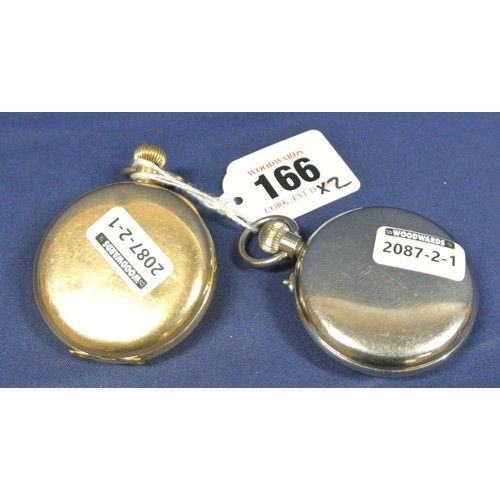 166 - 2 Vintage pocket watches, one brass cased, loose seconds hand, one chrome cased 'made in Wurtenberg'... 