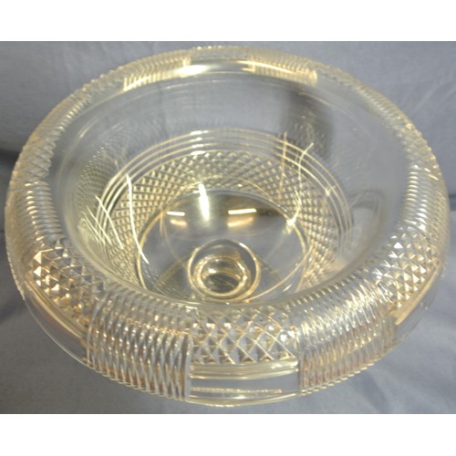 95 - Cork glass hand cut upturn bowl with decorated rim, hobnail cut and reeded central band, on round ba... 