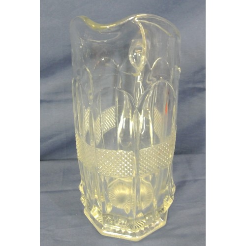 96 - Cork glass tall jug with shaped handle and rim, hobnail cut central band, on hexagonal base