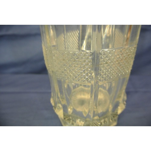 96 - Cork glass tall jug with shaped handle and rim, hobnail cut central band, on hexagonal base