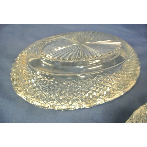 97 - 4 pieces of old Irish hand cut glass, pair of oval bowls, a square and an oval bowl, all with hobnai... 