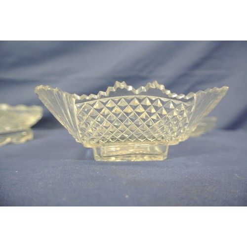 97 - 4 pieces of old Irish hand cut glass, pair of oval bowls, a square and an oval bowl, all with hobnai... 