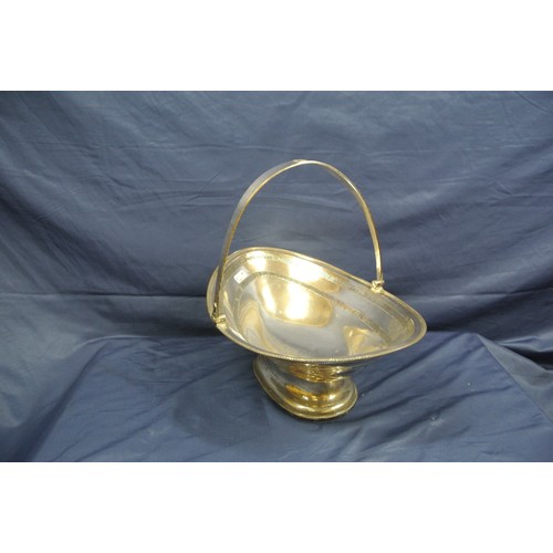 28 - Oval silver plated pierced oval bread basket with swing handle, gadroon rim and raised base