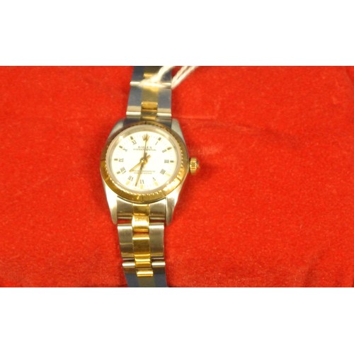 160 - Ladies yellow and steel Rolex wrist watch on an oyster yellow and steel bracelet, white dial with Ro... 