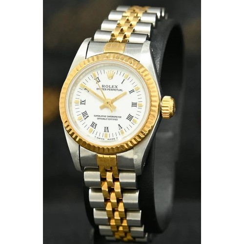 160 - Ladies yellow and steel Rolex wrist watch on an oyster yellow and steel bracelet, white dial with Ro... 