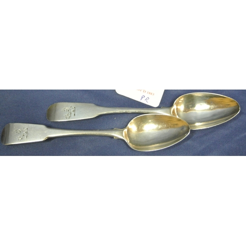 187 - Pair of Georgian Irish silver teaspoons with crested fiddle pattern handles, by Samuel Neville, Dubl... 