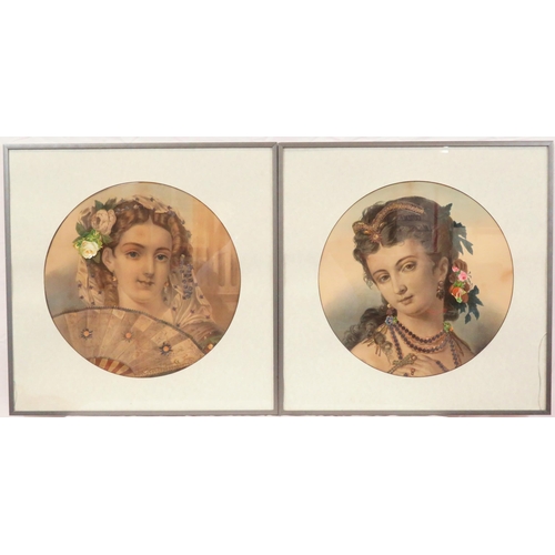 3 - Victorian school 'Ladies with decoupage highlighted embellishments' a pair 40x40cm each