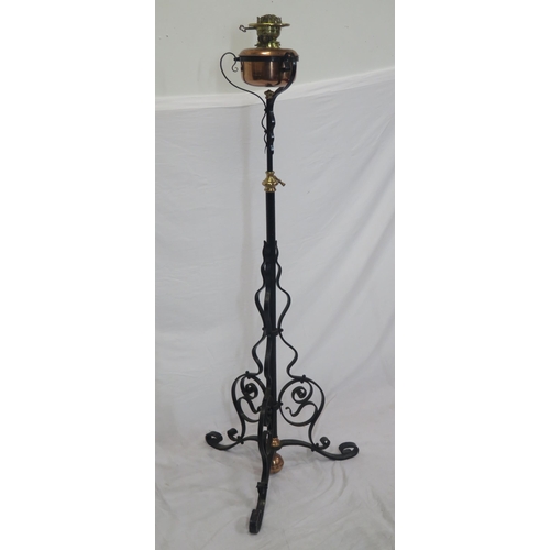 113 - Victorian standard oil lamp with copper bowl, brass mounts, wrought iron scroll decoration