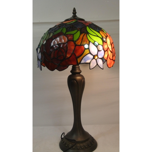 147 - Art Deco style electric table lamp with shaped column & round base, multi-coloured glass shade