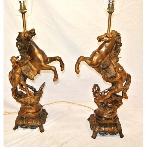 157 - Pair of Victorian style spelter Marley horse & figure decorated electric table lamps with ornate bas... 