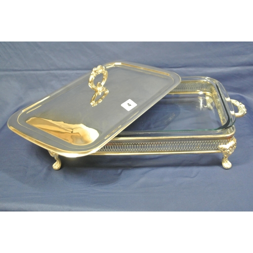 183 - Large silverplated and glass tureen or dish with pierced sides and shaped handles