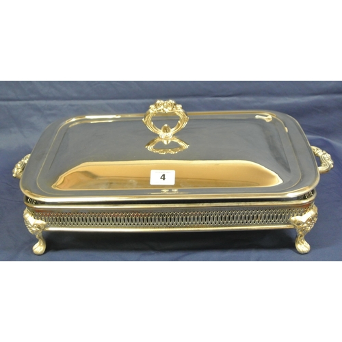 183 - Large silverplated and glass tureen or dish with pierced sides and shaped handles