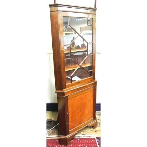 315 - Edwardian style mahogany corner display cabinet with glazed door, shelved interior, shelved press un... 