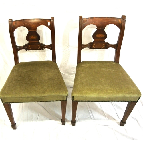 376 - Pair of Edwardian inlaid occasional chairs with shaped pierced backs, string & shell inlay, upholste... 