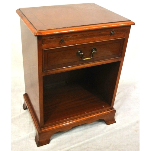 103 - Edwardian style inlaid yew locker with pull-out shelf, frieze drawer with brass drop handle, on brac... 