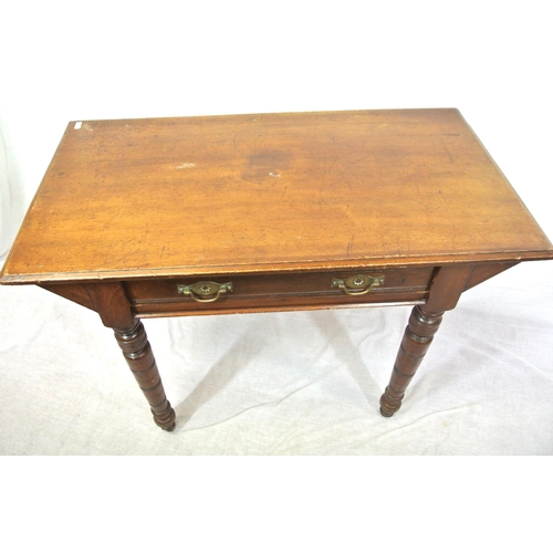 110 - Edwardian style mahogany hall or side table with frieze drawer, drop handles, on turned tapering leg... 