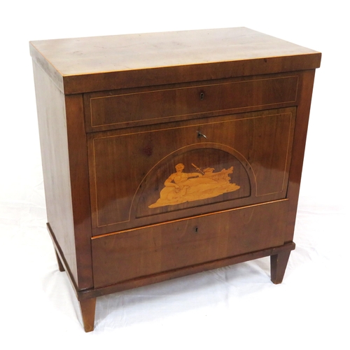 115 - Edwardian inlaid mahogany chest of 3 drawers, one fitted, with figured inlay, on bracket feet