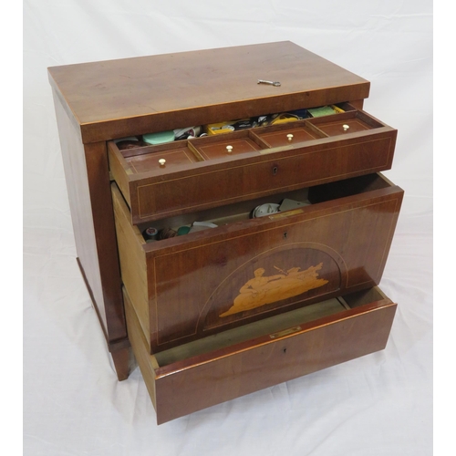 115 - Edwardian inlaid mahogany chest of 3 drawers, one fitted, with figured inlay, on bracket feet