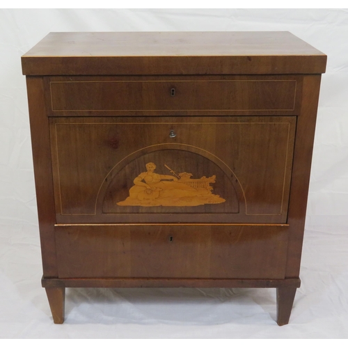 115 - Edwardian inlaid mahogany chest of 3 drawers, one fitted, with figured inlay, on bracket feet