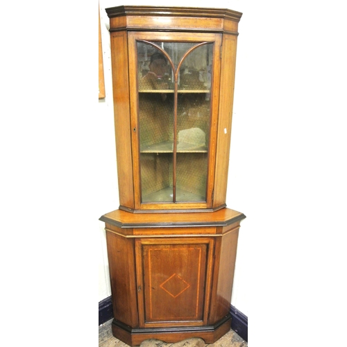 120 - Edwardian inlaid mahogany 2-tier corner display cabinet with glazed door, shelving, panelled door un... 