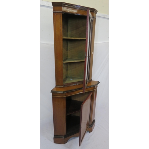 120 - Edwardian inlaid mahogany 2-tier corner display cabinet with glazed door, shelving, panelled door un... 