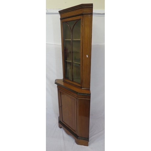 120 - Edwardian inlaid mahogany 2-tier corner display cabinet with glazed door, shelving, panelled door un... 