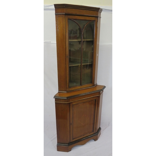 120 - Edwardian inlaid mahogany 2-tier corner display cabinet with glazed door, shelving, panelled door un... 