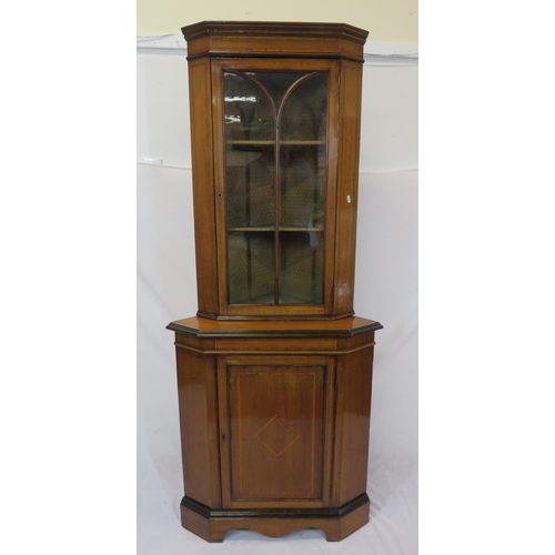 120 - Edwardian inlaid mahogany 2-tier corner display cabinet with glazed door, shelving, panelled door un... 