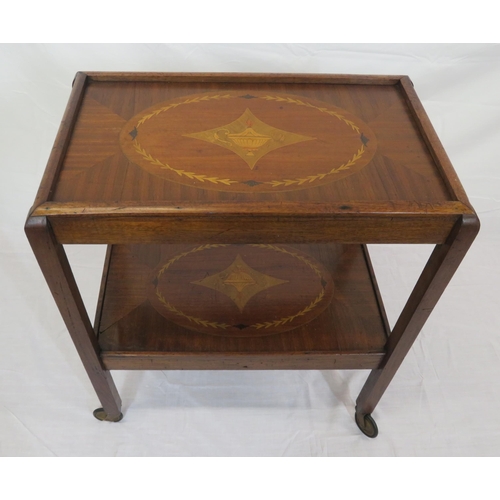 124 - Edwardian design inlaid mahogany serving trolley with foliate and urn inlay, on casters