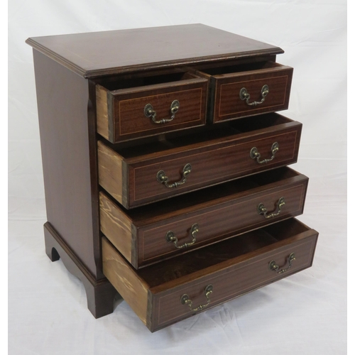 131 - Small Edwardian design inlaid chest of two short and three long drawers with drop handles, on bracke... 