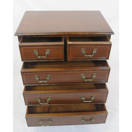 131 - Small Edwardian design inlaid chest of two short and three long drawers with drop handles, on bracke... 