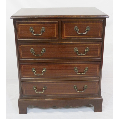 131 - Small Edwardian design inlaid chest of two short and three long drawers with drop handles, on bracke... 