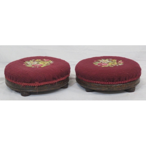 133 - Pair of Georgian style round footstools with foliate upholstery