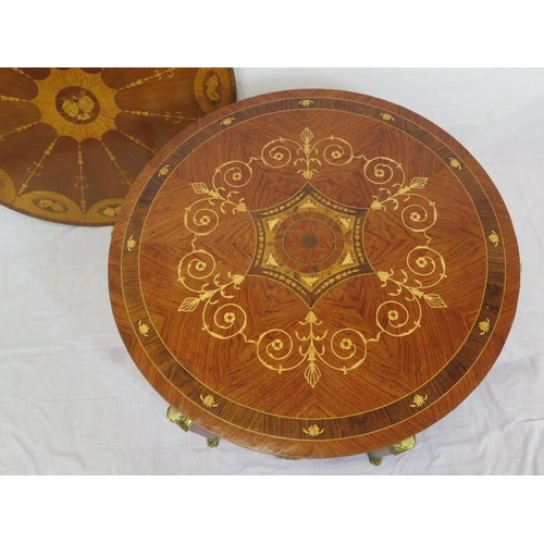 135 - Edwardian style inlaid and crossbanded round occasional or centre table with figured mounts, taperin... 