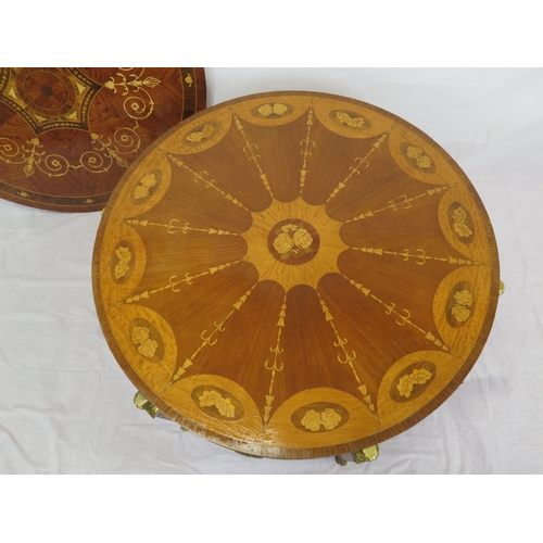 135 - Edwardian style inlaid and crossbanded round occasional or centre table with figured mounts, taperin... 